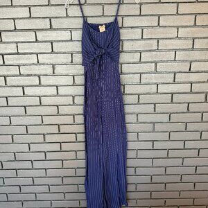 Blue Pinstripe Open Back Tie Front Wide Leg Jumpsuit – Size Medium